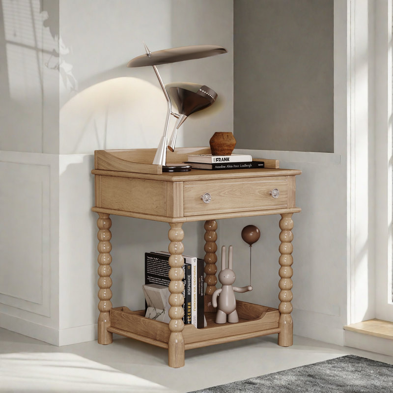 Retro Style Nightstand With 1 Drawer, An Open Shelf, Turned Legs And Metal Handles