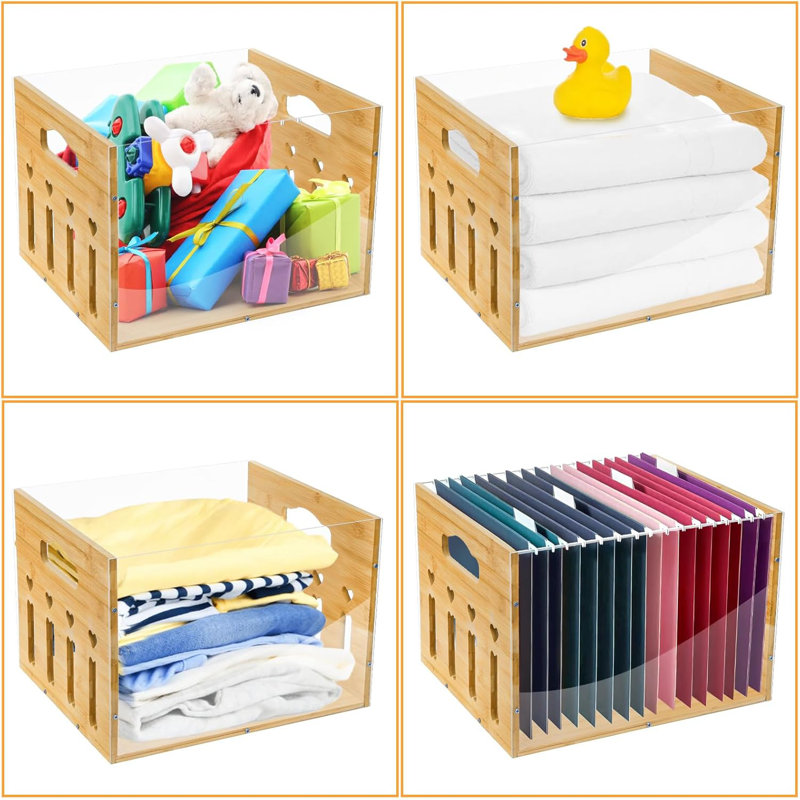 Clear Hanging File Organizer, Bamboo File Box Organizer With Handle, Letter Size Filing Crate Bin Holder For Home Office Desk, Easy To Assemble