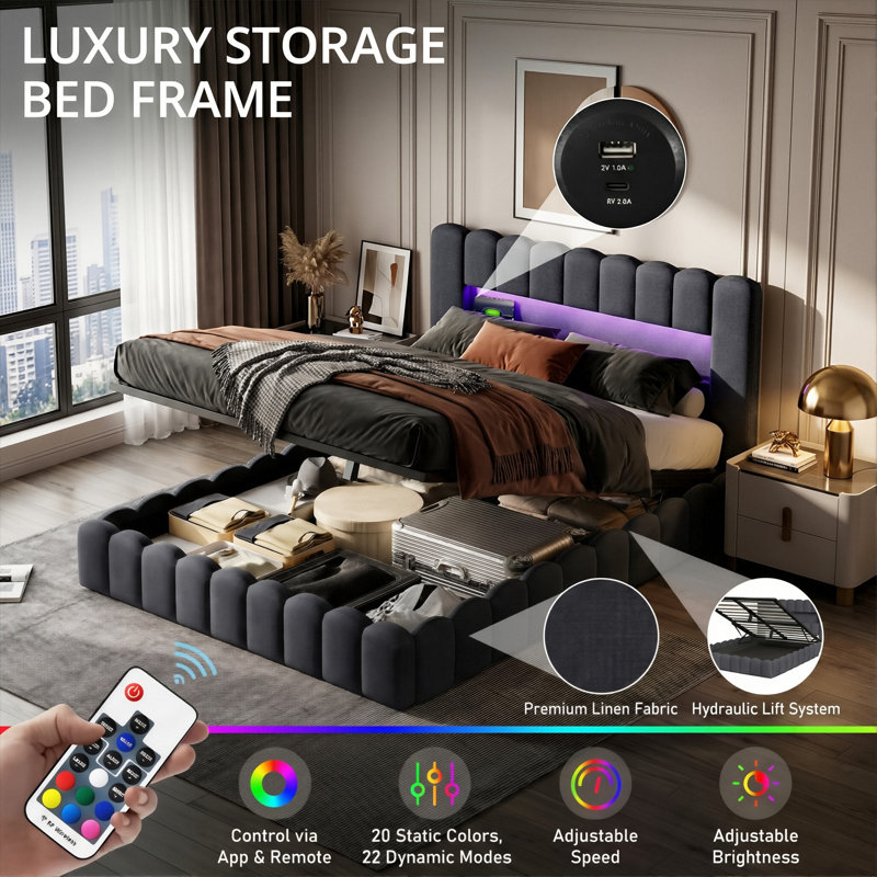 Linen Upholstered Ottoman Bed With Charging Station (USB/Type-C) & Smart LED Storage Headboard, Bubble Cloud Bed Frame in Grey/Beige (EU Double/King 140/160X200cm)