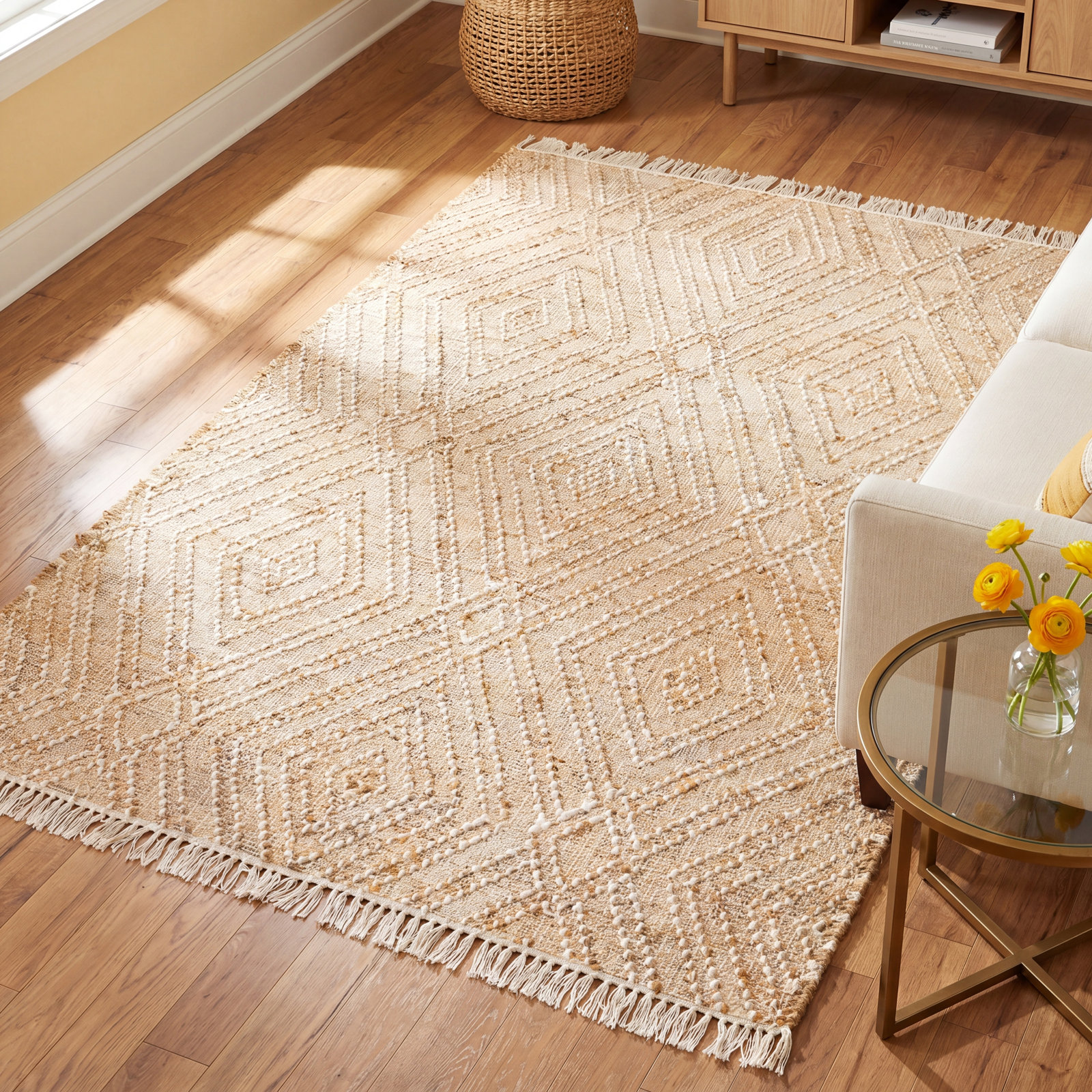 Sal Hand-Woven Geometric Jute Rug, Rectangle 5' x 7'6"