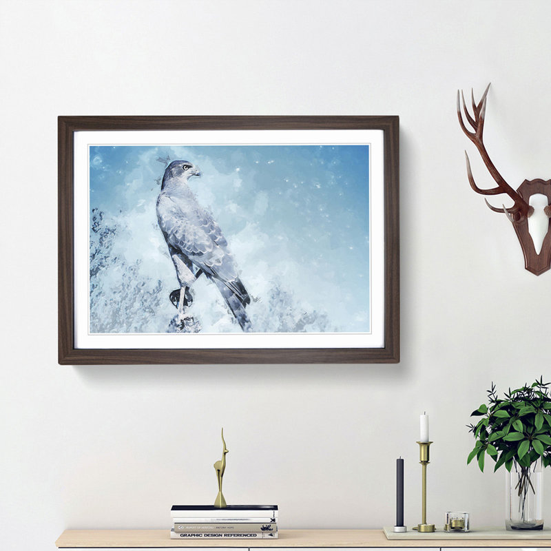 Falcon Bird with a Winter Scene - Picture Frame Painting Print, Walnut, 35cm H x 50cm W x 2cm D