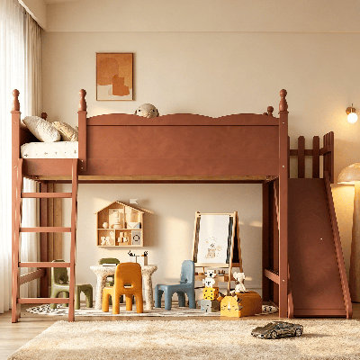 Kids Loft Bed, Loft Bed with Full Guardrail Multi Storage Shelves and Wardrobe, Solid Wood Loft Beds with Detachable Slide and Ladders, No Spring Box Needed, Toddler High Loft Bed for Children Playroom Small Bedroom