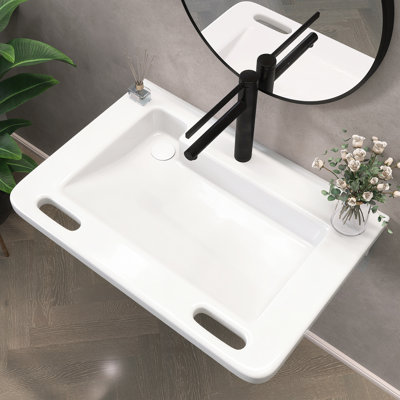 L 31,5 "x P 22" ADA Lavabo de salle de bain en céramique rectangulaire à montage mural avec lavabo mural avec poignées intégrées et trou de robinet pré-percé