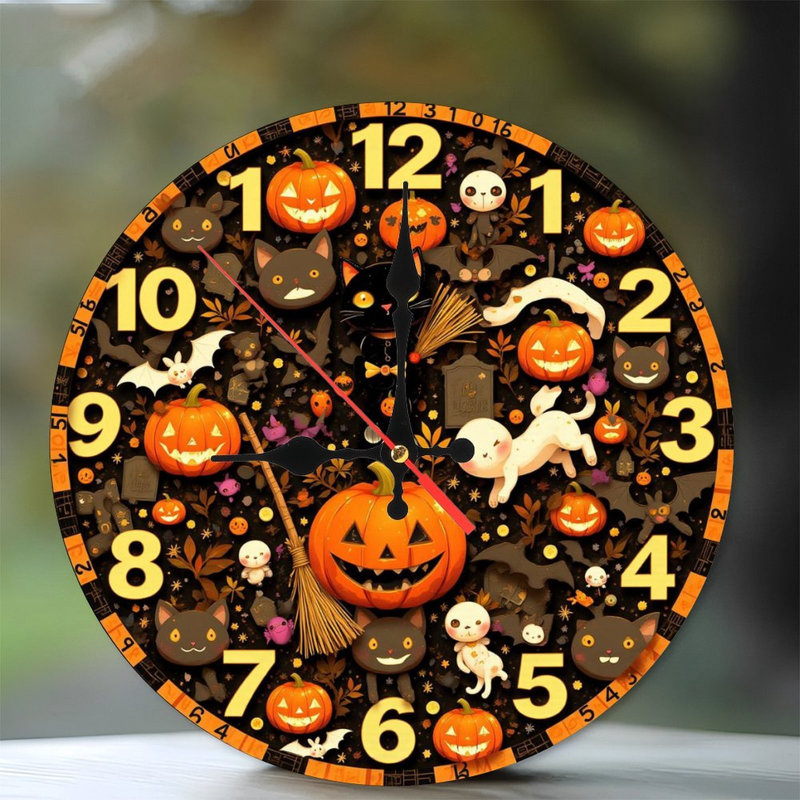 Horloge d'Halloween chats, citrouilles, chauves-souris