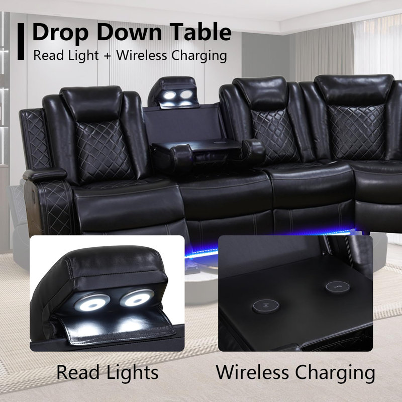 3-Pieces 210" Breathing Leather Power Reclining Theater Sectional With LED Lighting, Black
