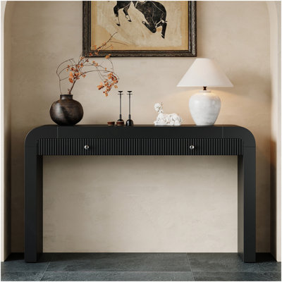 Rustic Console Table With Fluted Drawer Front, Entryway Table With Curved Corners & Thick Legs, Sturdy Sofa Table For Hallway & Living Room (Black)