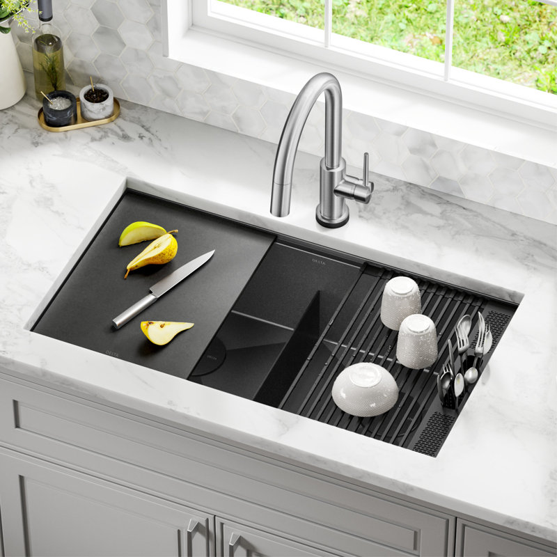 Évier de cuisine encastré à double cuve en acier inoxydable noir de calibre 16 Delta Rivet ™ L 33 po