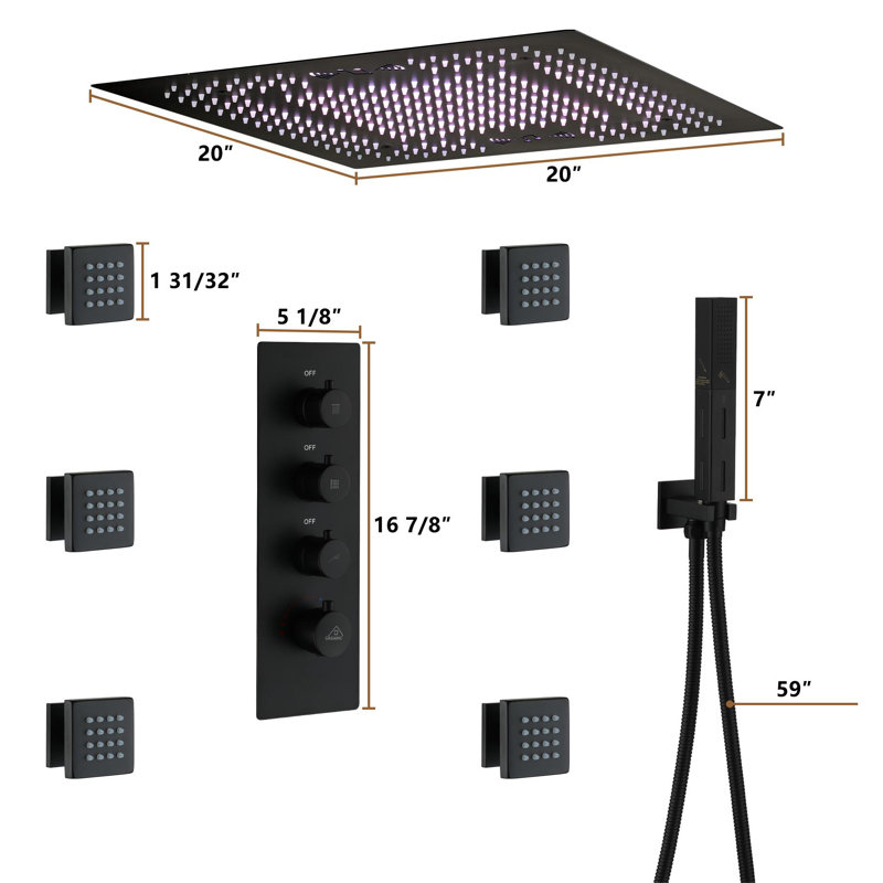 Matte Black Large Square LED Rainfall Shower System with Handheld