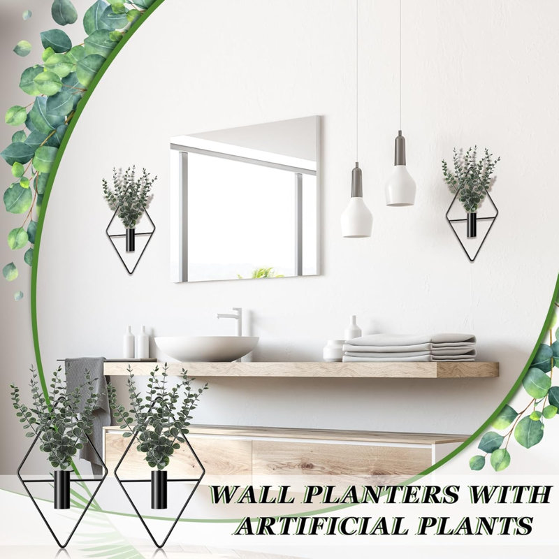 4 pots de fleurs suspendus avec vase en métal d'eucalyptus artificiel pour plantes d'intérieur et support mural moderne géométrique pour salle de bain (noir)
