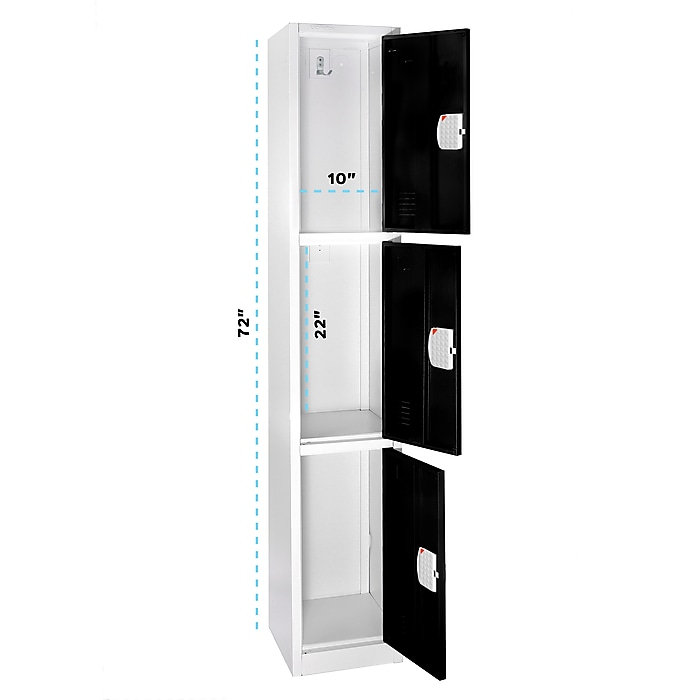 Casier 3 portes 72 po x 12 po x 12 po à 3 niveaux en acier avec serrure numérique - Rangement pour employés et étudiants pour les écoles, la salle de sport, le lieu de travail - Comprend les crochets, la ventilation et le porte-carte - Assemblage facile
