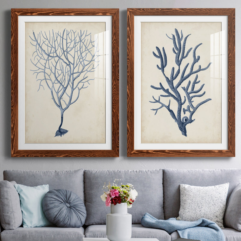 Indigo Coral III - ensemble de 2 reproductions d'art encadrées, H 31,5 po x l 47 po x P 1,5 po, Papier avec cadre érable