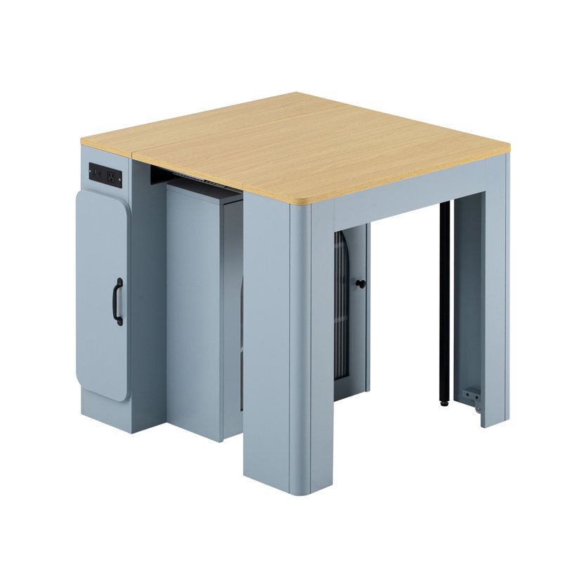 Extendable Dining Table With 3 Removable Middle Leaves, Mobile Rolling Island Table With Power Outlet, Saving-Space Cabinet With Storage For Dining Room And Living Room