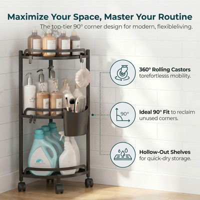 3 Tier Bathroom Shower Shelves Organizer Storage with Toothbrush Holder and 4 Hooks, Large Capacity Corner Shelf for Bathroom, Kitchen