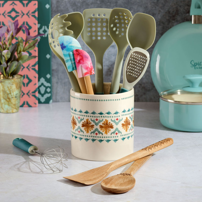 Spice By Tia Mowry Savory Saffron 12 Piece Wood And Nylon Kitchen Tool Set With Ceramic Crock