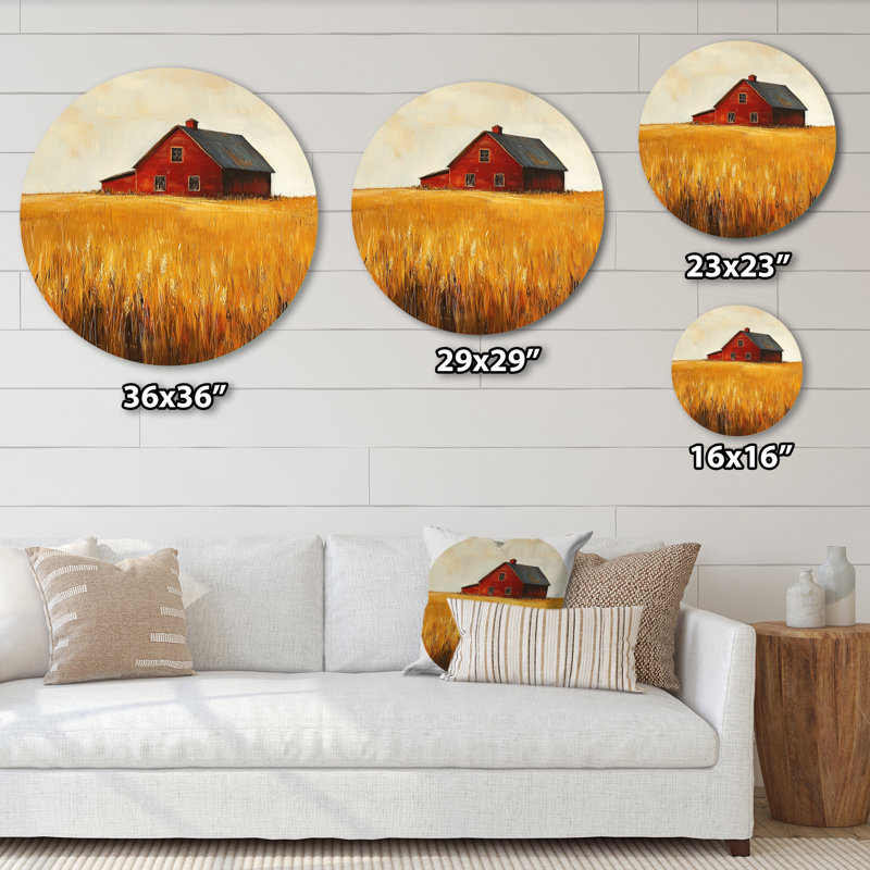 «Countryside Golden Fields By The Farmhouse I», art mural rond en métal campagne, H 29 po x l 29 po
