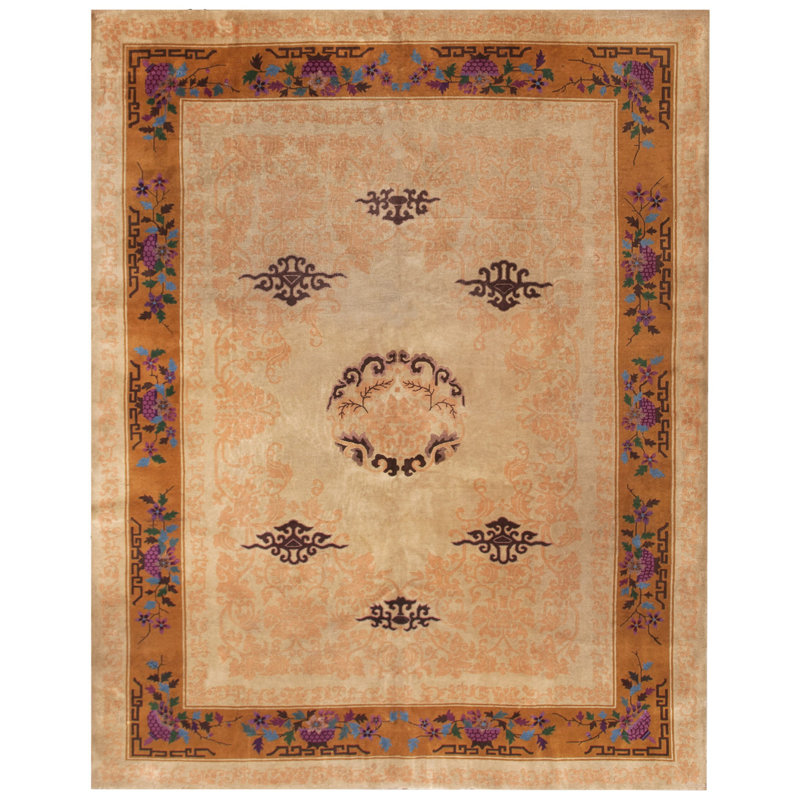 Antique Ivory Beige Cream Color Hand Knotted Wool Pile Chinese Area Rug
