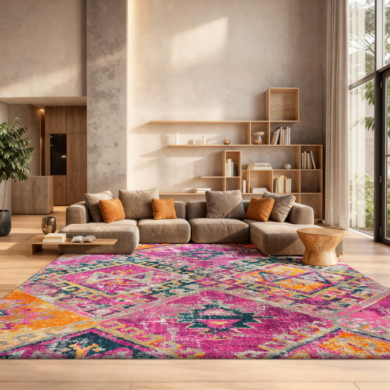 Tapis fuchsia à motif géométrique Felty, Rectangle 8 pi x 10 pi