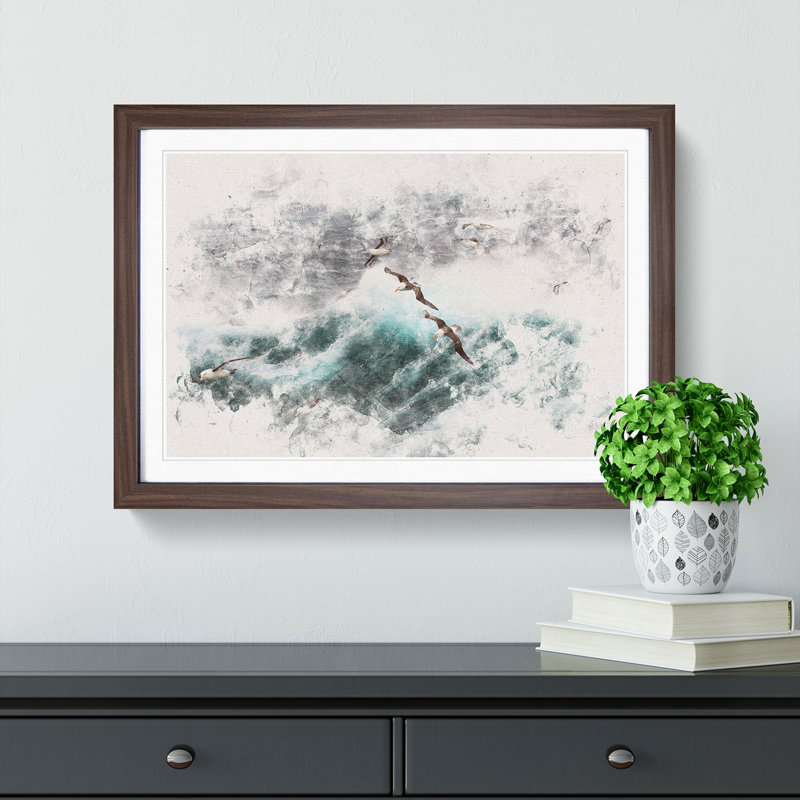 Seagulls Above the Ocean - Picture Frame Painting Print, 45cm H x 63cm W x 2cm D, Walnut Framed