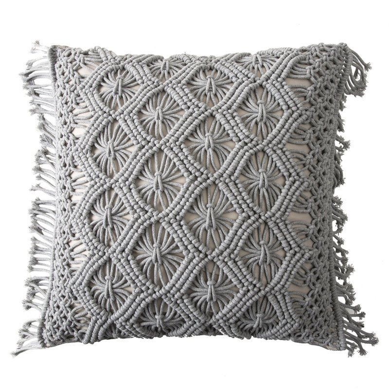 Handmade Crochet C Collection Tassels Cotton Throw Pillow, Gray