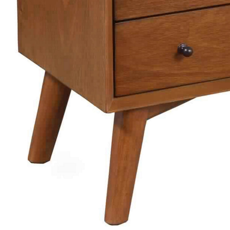 Table de chevet 2 tiroirs en bois avec compartiment ouvert et pieds évasés, brun