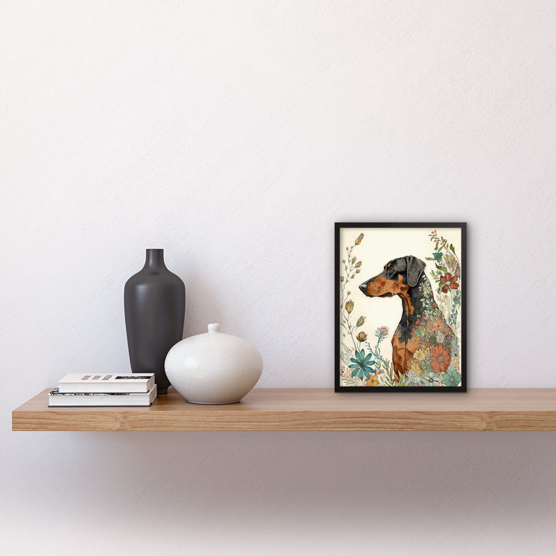 Doberman Dog With Spring Flowers Colourful Watercolour - Single Picture Frame Print