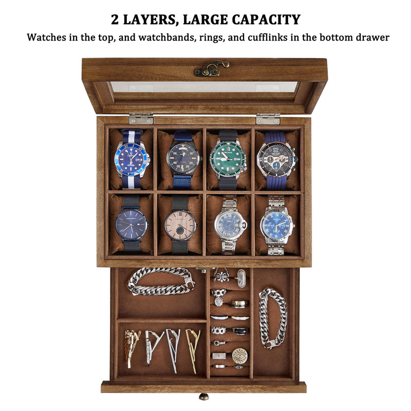 Rustic Walnut 2-Tier Wooden Watch Box with Glass Lid