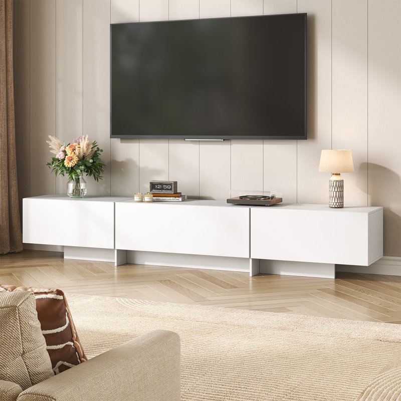 Meuble télé moderne pour téléviseur de 75 po ou moins avec armoire de rangement, White
