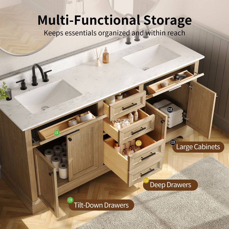Heritage 72'' Bathroom Vanity Double Sink Top With Backsplash, Fully Assembled Cabinet Sink Combo Natural Wood Color
