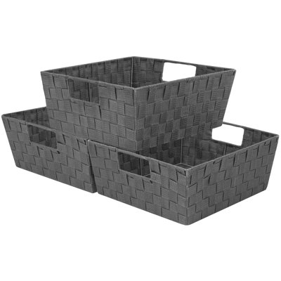 Woven Basket Bin Set - Shelf Storage Tote Baskets For Household Items - Stackable With Woven Straps & Built-in Carry Handles