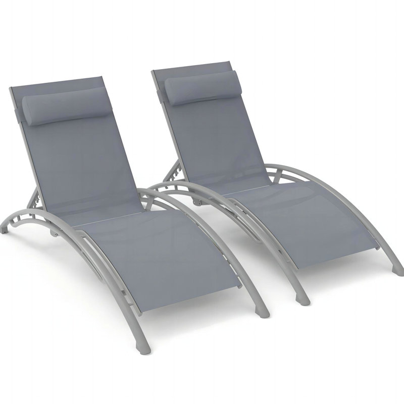 Modern Curved Outdoor Chaise Lounge - Adjustable , Gray 2 Chairs : & Pillow. Rust- Aluminum Frame. . For Sunbathing, Patio.