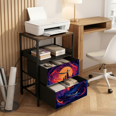 Table de chevet 2 tiroirs avec station de charge, table de chevet pour chambre avec ports USB et amp; Outlets, tablette ouverte noire, table de chevet avec impression de mystérieux tourbillons de château gothique sous la pleine lune