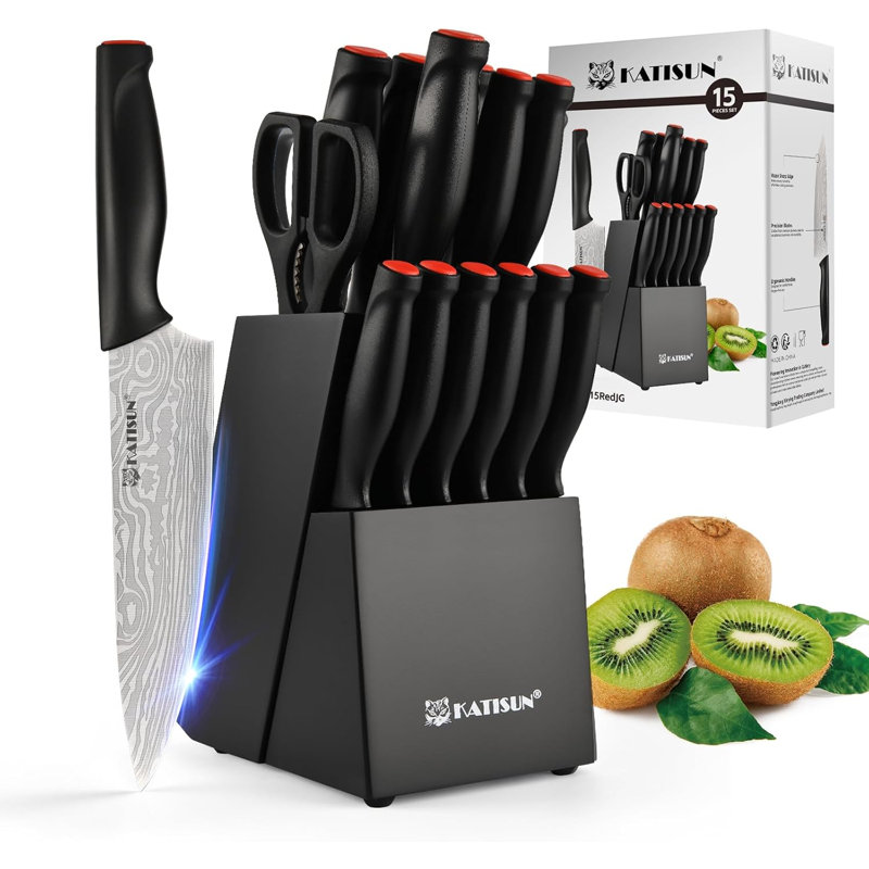 15-Piece Damascus Pattern German Steel Kitchen Knife Block Set