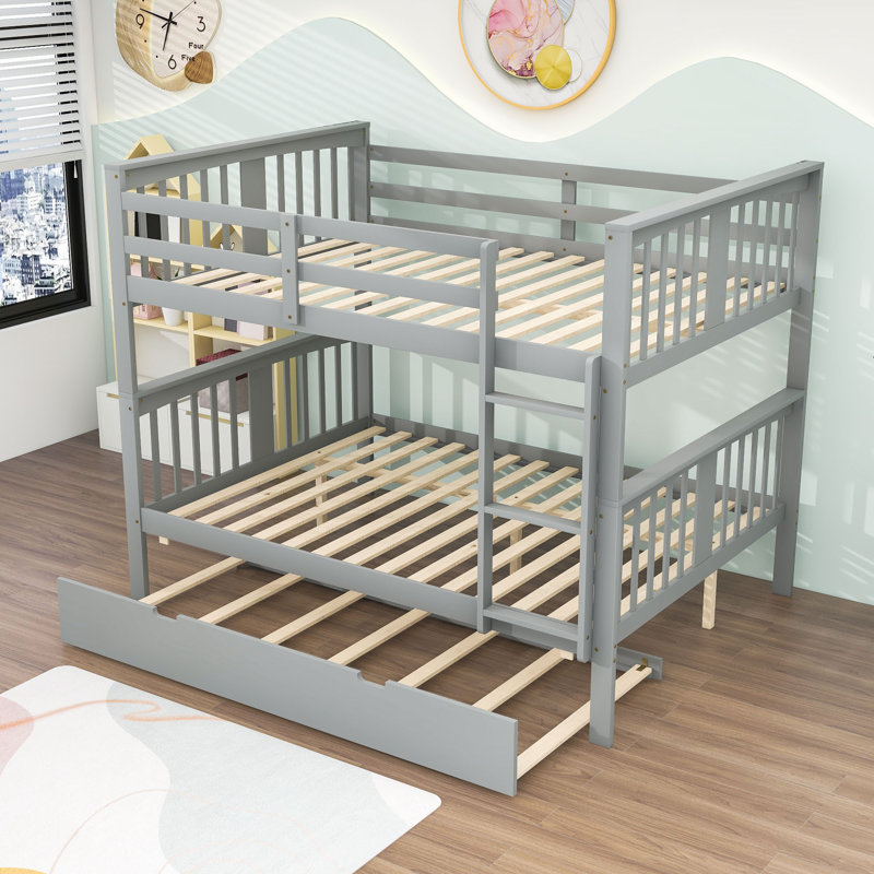 Lit superposé en bois double avec lit gigogne et échelle, gris