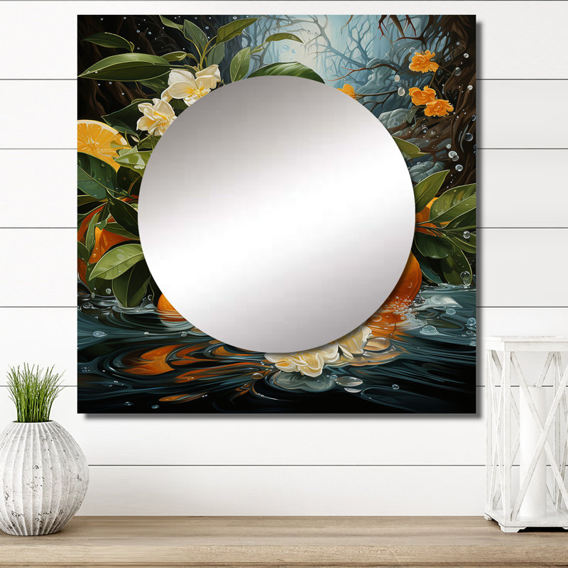 Harkenreader - Art mural miroir carré orange Tropical Twist I pour la salle de bain, 36 po x 36 po
