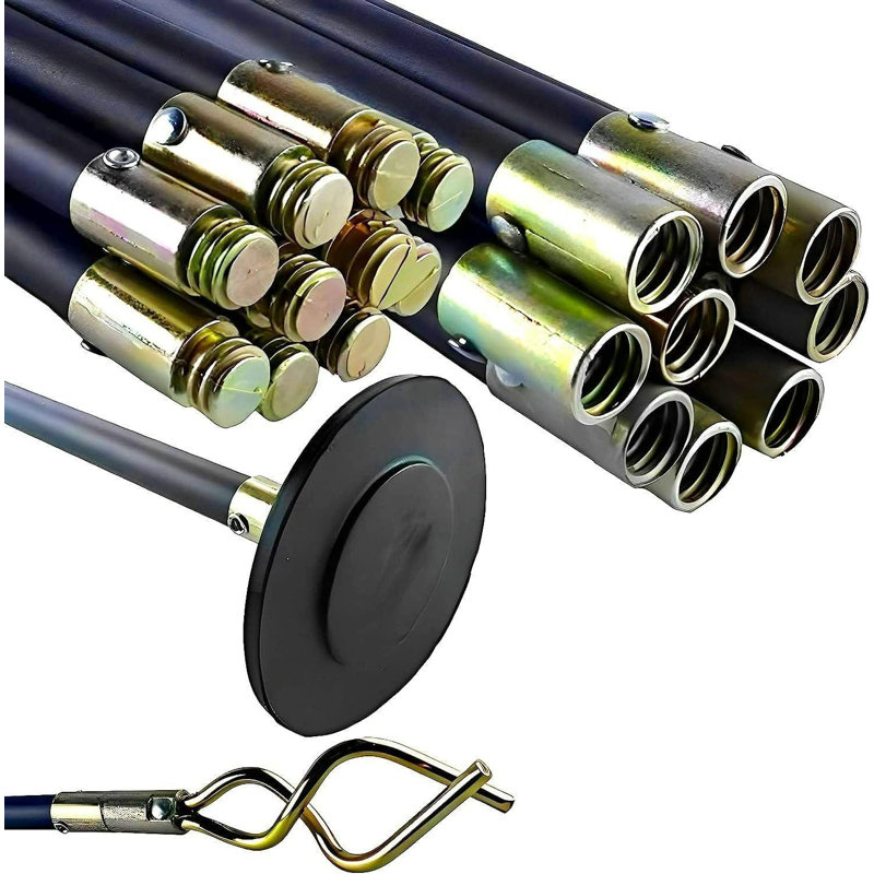 Drain Rods Set 12-Piece Flexible Drain Clearing Kit With 10 X 920Mm Rods 100Mm Rubber Plunger & 70Mm Double Worm Screw