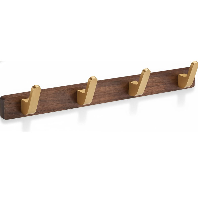 15.7" Walnut Gold Matt Metal-Wood Wall Mount Coat Rack - 4 Rustic Hooks