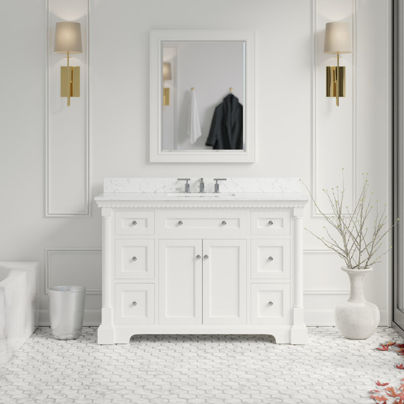 Ensemble de meuble-lavabo simple 48 po avec armoire blanche et comptoir en marbre, Blanc, Marbre d'ingénierie