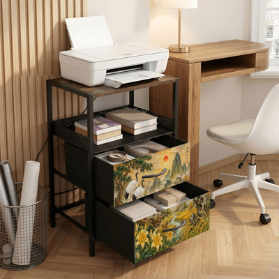 Table de chevet 2 tiroirs avec station de charge, table de chevet pour chambre avec ports USB, tablette ouverte noire, table de chevet avec grues du paysage chinois, impression de champs dorés au coucher du soleil