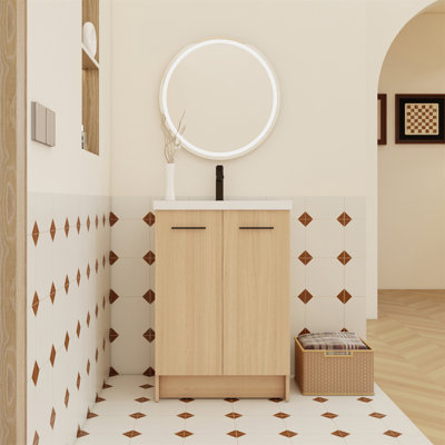 24" Freestanding Bathroom Vanity with Resin Sink, Light Oak, Double Door Storage, KD , Includes Black & Brushed Aluminum Handles