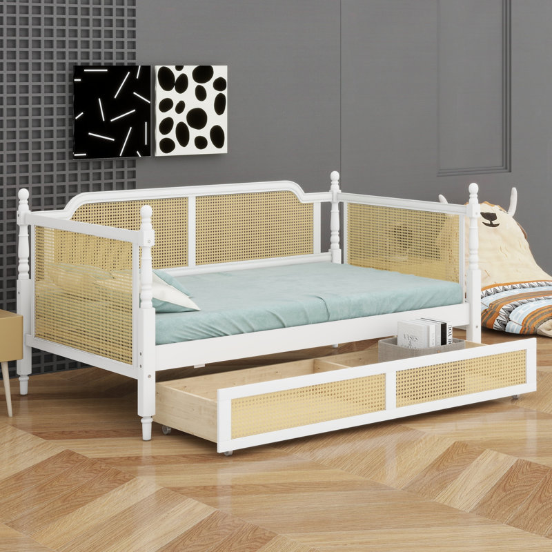 Traditional Rattan Daybed with Storage Drawers, Antique White