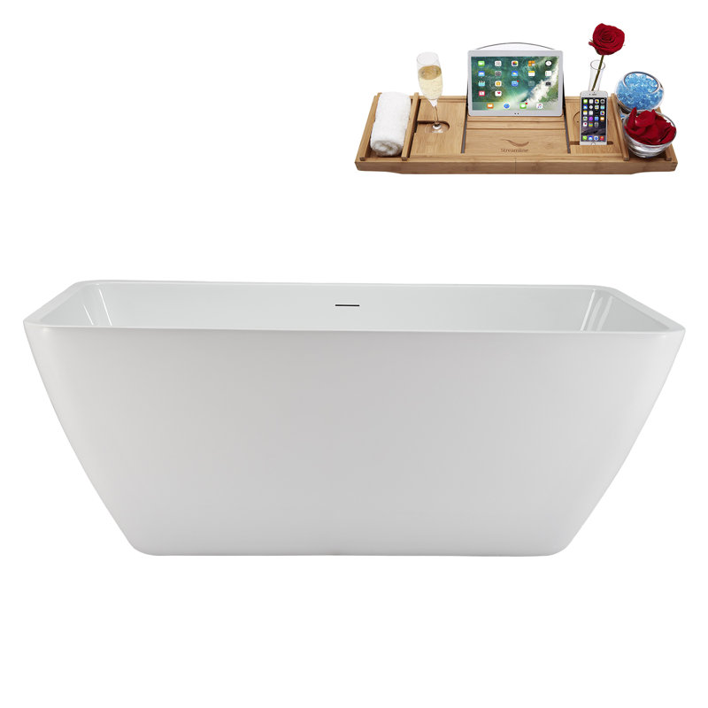 59" Streamline Soaking Freestanding Tub and Tray With Internal Drain, Brushed Brass
