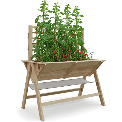 Lit de jardin surélevé en bois surélevé avec treillis et tablette de rangement, boîte à fleurs en bois de sapin à structure en A avec doublure de protection, pot à fleurs surélevé pour légumes, herbes et fleurs grimpantes, finition naturelle