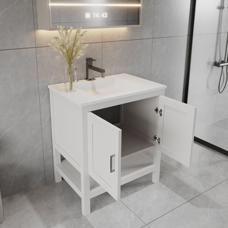 30" Freestanding Bathroom Vanity with Open Shelf, Solid Wood Premium Grade, Sink Base with Top, White