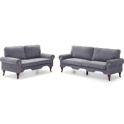 Canapé modulaire 2 pièces avec coussins amovibles, canapé convertible 5 places, revêtement en lin gris pour le salon, la chambre à coucher et le bureau, accoudoirs roulés modernes et boutons en cristal, canapé attrayant, rembourré