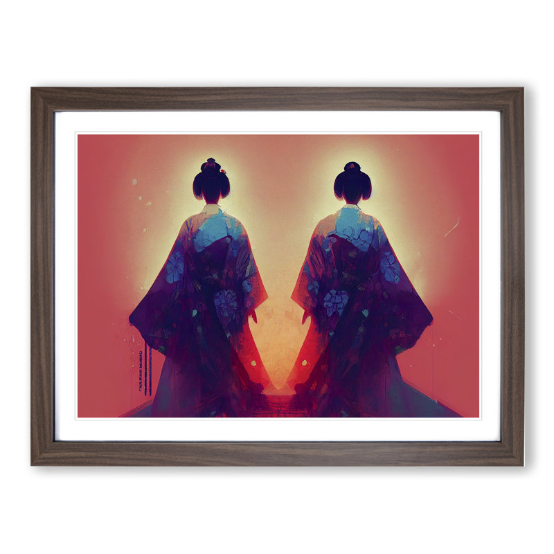 Two Geisha - Framed Print, 34cm H x 46cm W x 2cm D, Walnut