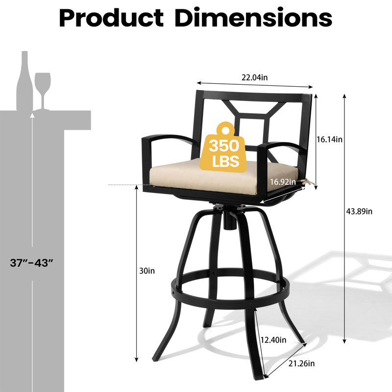 Tabouret de bar d'extérieur pivotant en aluminium avec coussin Sunbrella, Toile beige antique