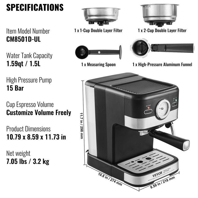 Machine à expresso semi-automatique à espresso 15 bar et buse à vapeur