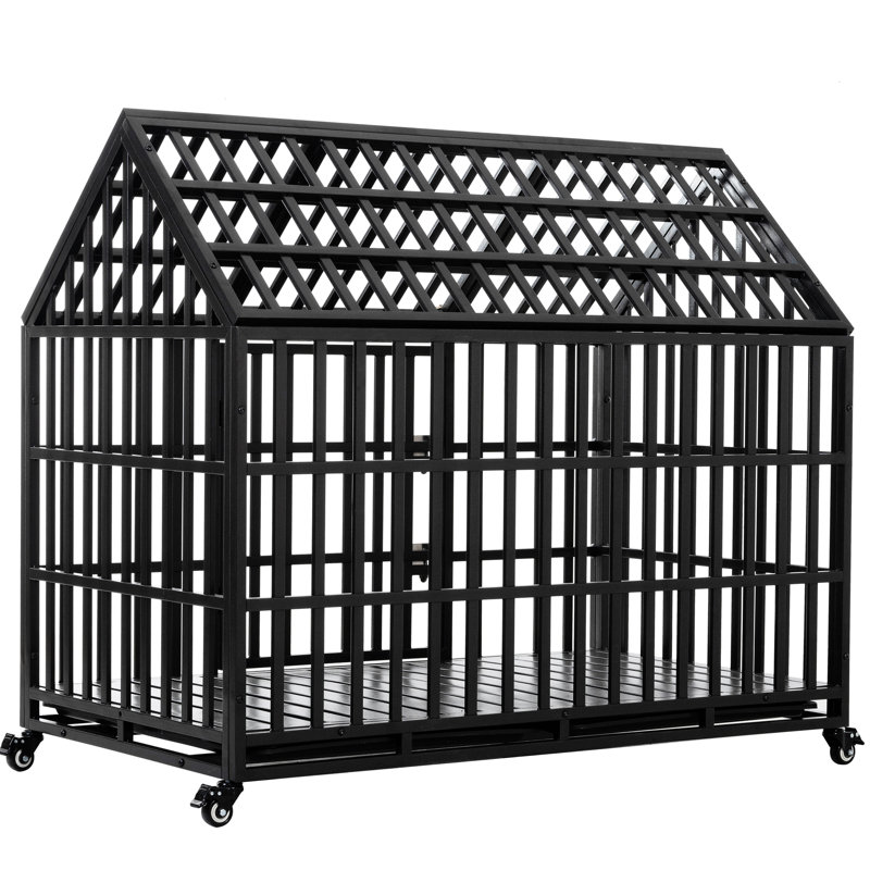 Chenil de 52 po en métal robuste pour grands chiens - Roues verrouillables, surface antirouille, 2 casseroles en plastique amovibles, portes avant et de toit, instructions d'assemblage faciles, cage robuste avec revêtement, amovible