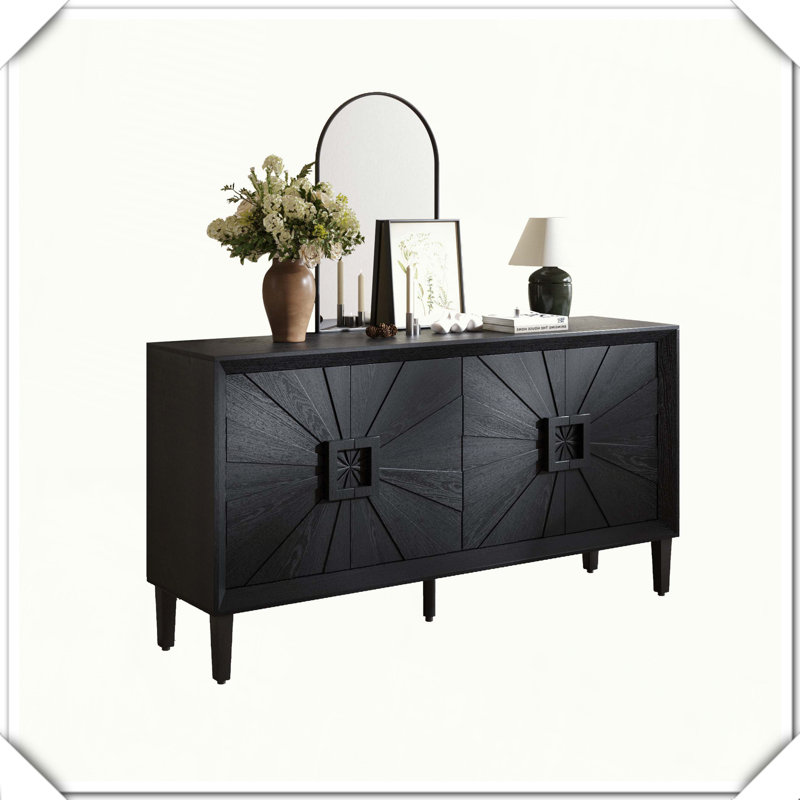 Premium Rustic Farmhouse Credenza Symmetrical Sunburst Door TV Stand Storage, Black