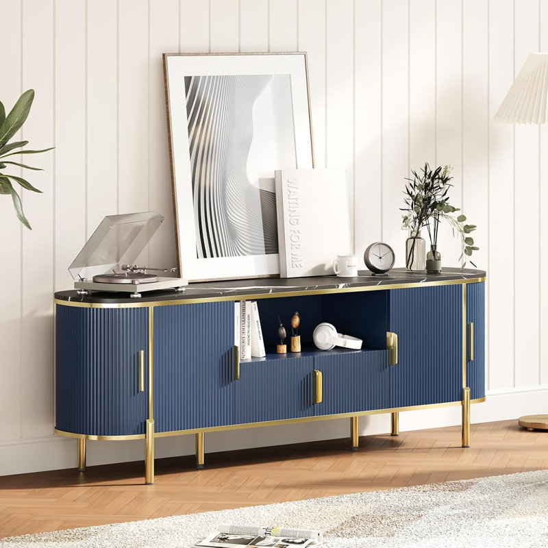 70" Modern TV Stand Console with Faux Marble Top & Curved Sliding Doors - Adjustable Shelves for TVs Up to 80", Fluted Design Wood TV Console Entertainment Center